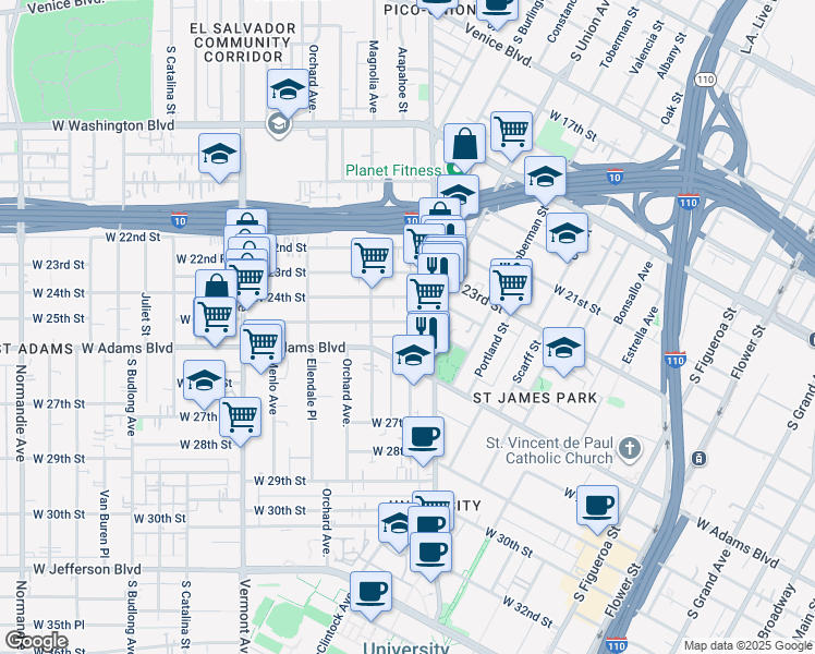 map of restaurants, bars, coffee shops, grocery stores, and more near 1150 West 25th Street in Los Angeles