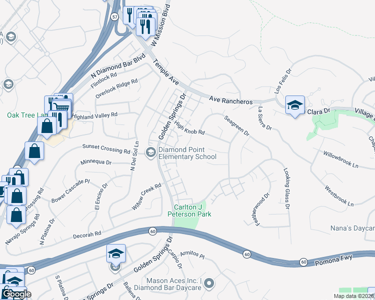 map of restaurants, bars, coffee shops, grocery stores, and more near 1030 Milkyway Place in Diamond Bar