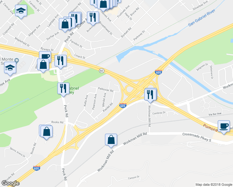 map of restaurants, bars, coffee shops, grocery stores, and more near 2202 Kaydel Road in Whittier