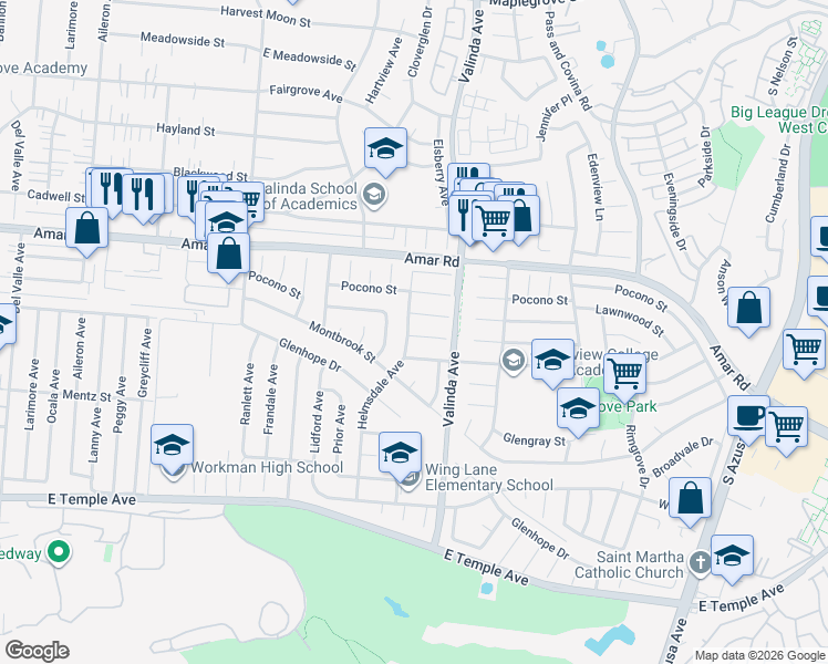 map of restaurants, bars, coffee shops, grocery stores, and more near 855 Helmsdale Avenue in La Puente