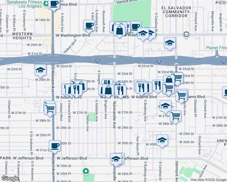 map of restaurants, bars, coffee shops, grocery stores, and more near 1702 West 25th Street in Los Angeles