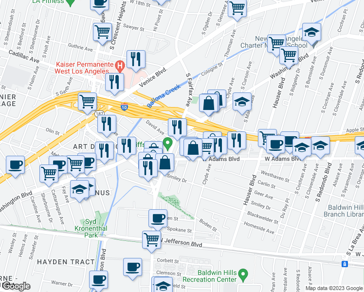 map of restaurants, bars, coffee shops, grocery stores, and more near 2532 South Genesee Avenue in Los Angeles