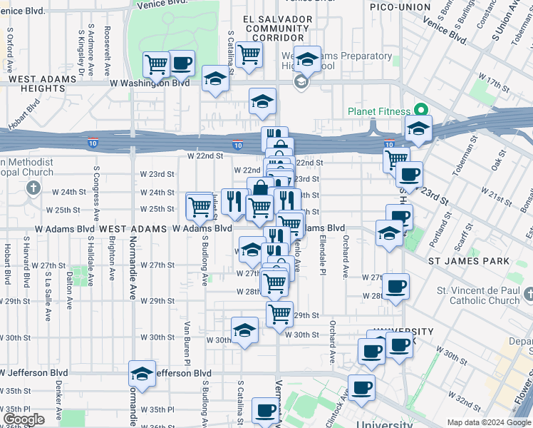map of restaurants, bars, coffee shops, grocery stores, and more near 1414 West 25th Street in Los Angeles