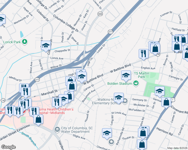 map of restaurants, bars, coffee shops, grocery stores, and more near 3525 West Beltline Boulevard in Columbia