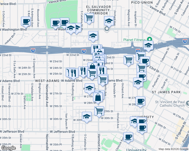 map of restaurants, bars, coffee shops, grocery stores, and more near 1414 West 25th Street in Los Angeles