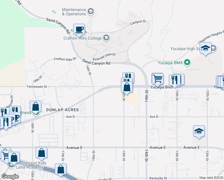 map of restaurants, bars, coffee shops, grocery stores, and more near 32223 Yucaipa Boulevard in Yucaipa