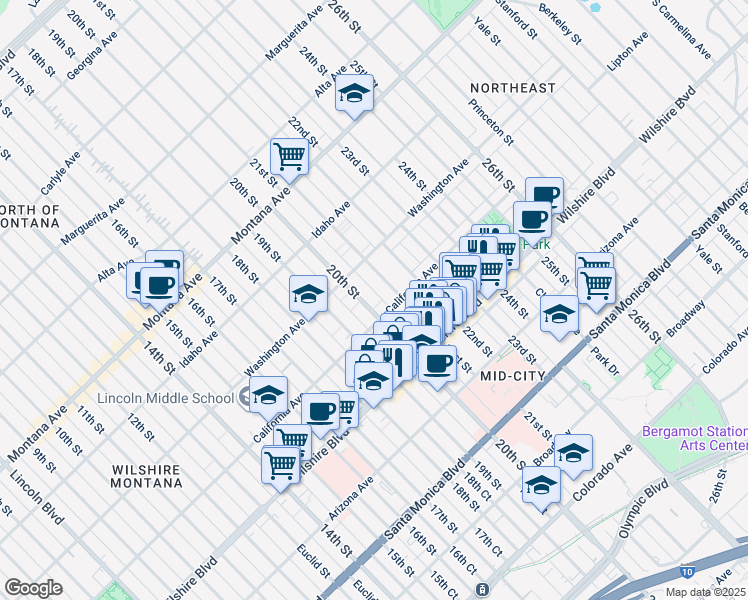 map of restaurants, bars, coffee shops, grocery stores, and more near 1041 20th Street in Santa Monica