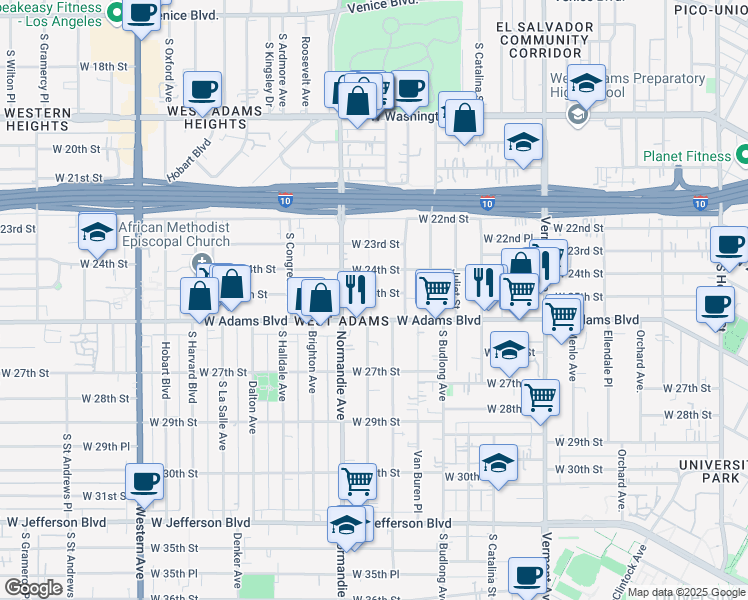 map of restaurants, bars, coffee shops, grocery stores, and more near 1644 West 25th Street in Los Angeles