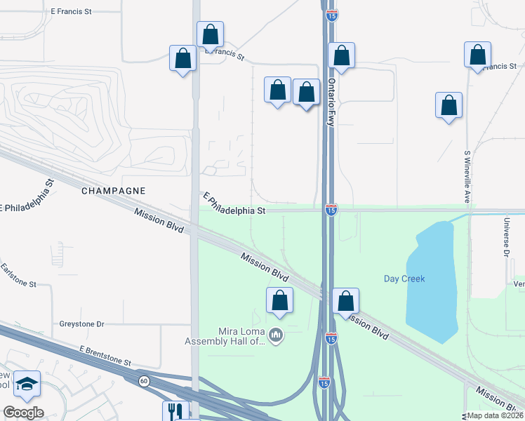 map of restaurants, bars, coffee shops, grocery stores, and more near 4551 East Philadelphia Street in Eastvale