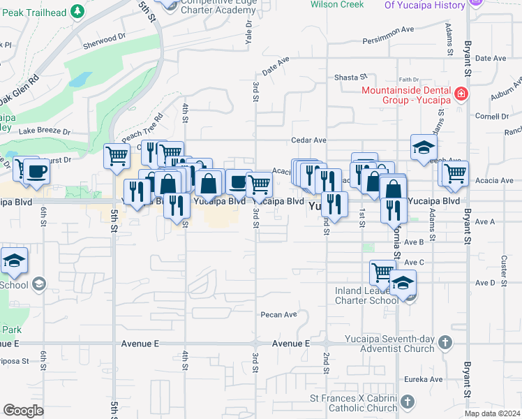 map of restaurants, bars, coffee shops, grocery stores, and more near 34717 Yucaipa Boulevard in Yucaipa