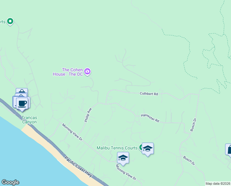 map of restaurants, bars, coffee shops, grocery stores, and more near 30112 Cuthbert Road in Malibu