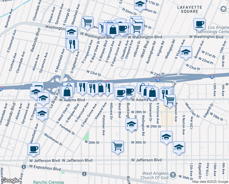 map of restaurants, bars, coffee shops, grocery stores, and more near 2521 Hillcrest Drive in Los Angeles