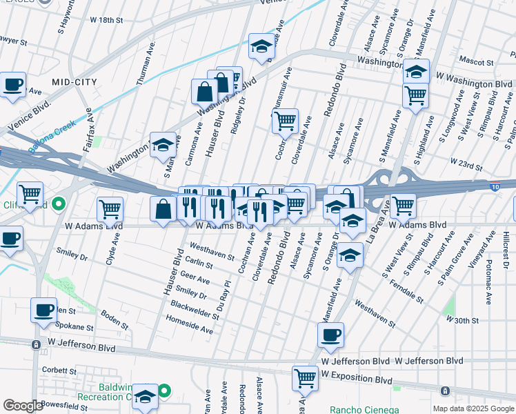 map of restaurants, bars, coffee shops, grocery stores, and more near 2524 South Dunsmuir Avenue in Los Angeles