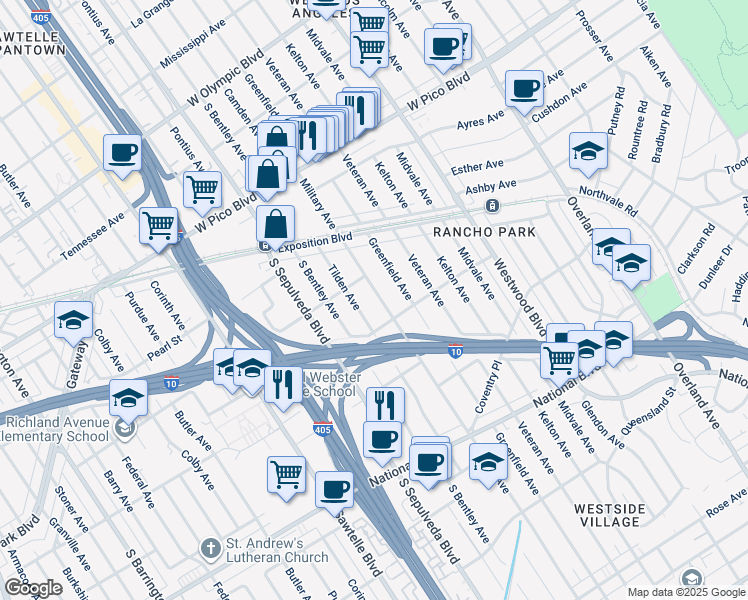 map of restaurants, bars, coffee shops, grocery stores, and more near 2629 Military Avenue in Los Angeles