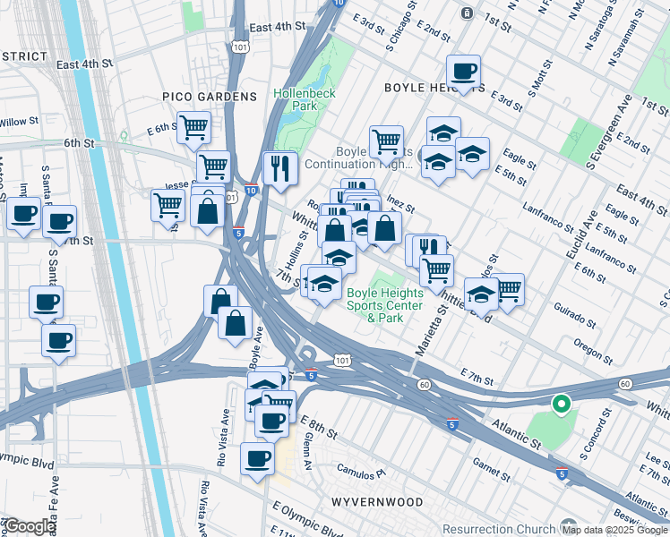 map of restaurants, bars, coffee shops, grocery stores, and more near 939 South Soto Street in Los Angeles