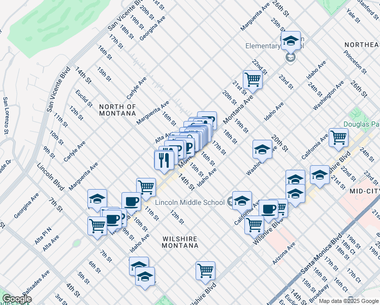 map of restaurants, bars, coffee shops, grocery stores, and more near 1511 Montana Place North in Santa Monica