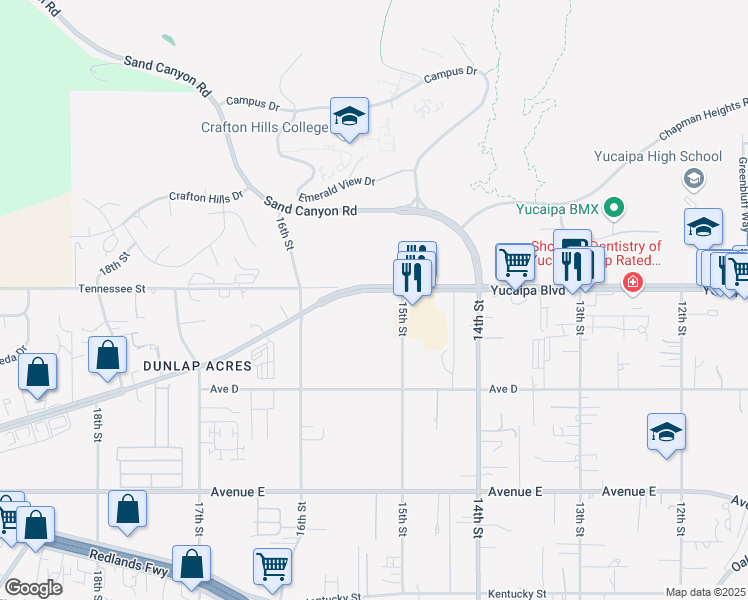 map of restaurants, bars, coffee shops, grocery stores, and more near 32237 Yucaipa Boulevard in Yucaipa