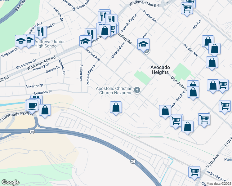 map of restaurants, bars, coffee shops, grocery stores, and more near 13852 Lomitas Avenue in La Puente