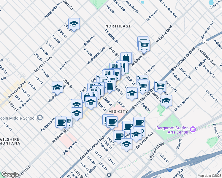map of restaurants, bars, coffee shops, grocery stores, and more near 2300 Wilshire Boulevard in Santa Monica