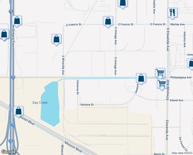 map of restaurants, bars, coffee shops, grocery stores, and more near 5301 East Philadelphia Street in Jurupa Valley