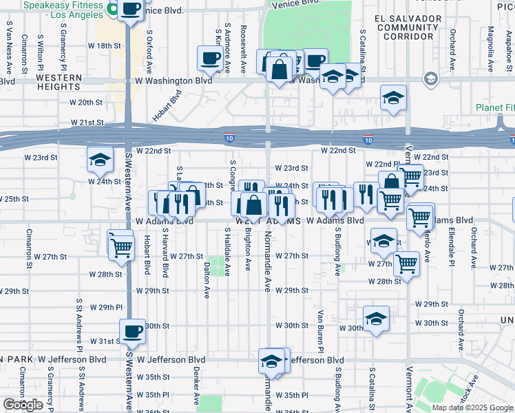 map of restaurants, bars, coffee shops, grocery stores, and more near 1702 West 25th Street in Los Angeles