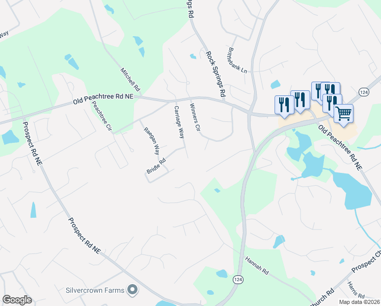 map of restaurants, bars, coffee shops, grocery stores, and more near 1973 Carriage Way in Lawrenceville