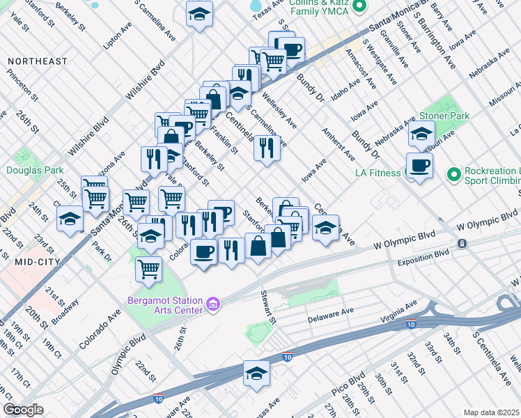 map of restaurants, bars, coffee shops, grocery stores, and more near 1646 Berkeley Street in Santa Monica