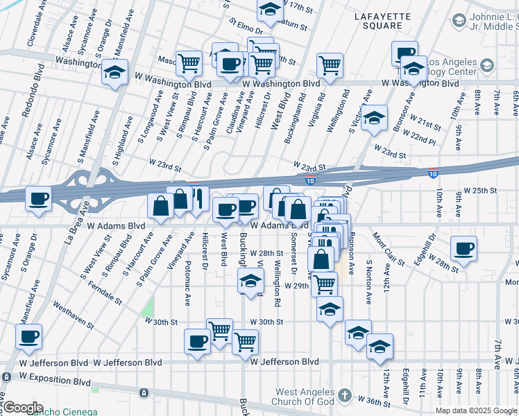 map of restaurants, bars, coffee shops, grocery stores, and more near 2512 Buckingham Road in Los Angeles