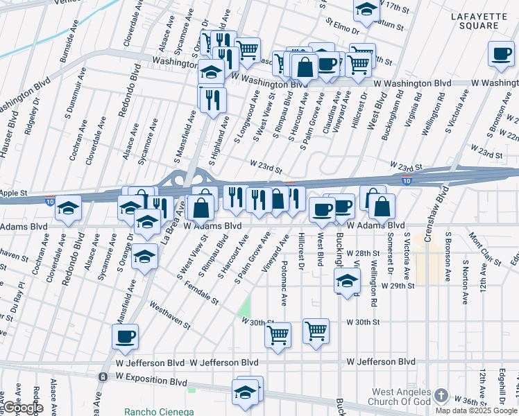 map of restaurants, bars, coffee shops, grocery stores, and more near 2512 South Harcourt Avenue in Los Angeles