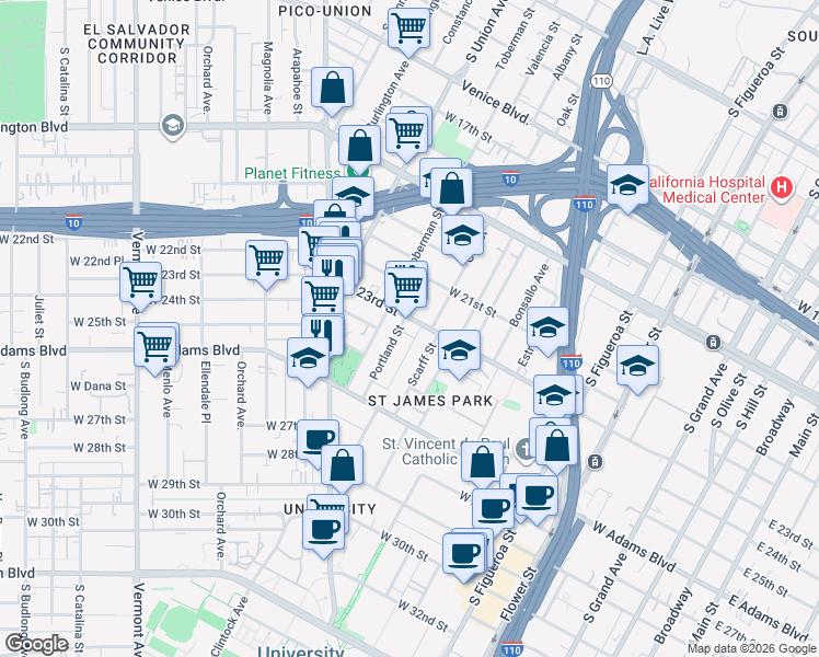 map of restaurants, bars, coffee shops, grocery stores, and more near 922 West 23rd Street in Los Angeles