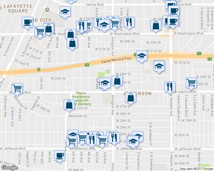 map of restaurants, bars, coffee shops, grocery stores, and more near 2510 2nd Avenue in Los Angeles