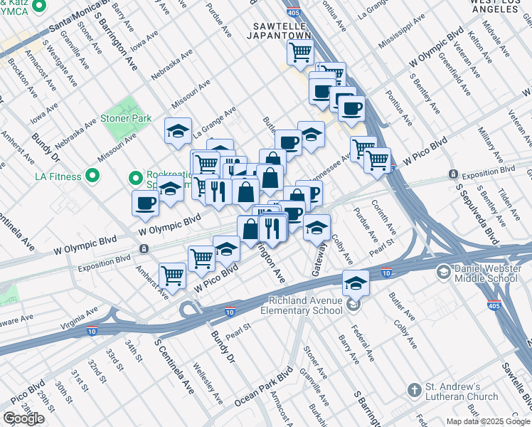 map of restaurants, bars, coffee shops, grocery stores, and more near 2251 Barry Avenue in Los Angeles
