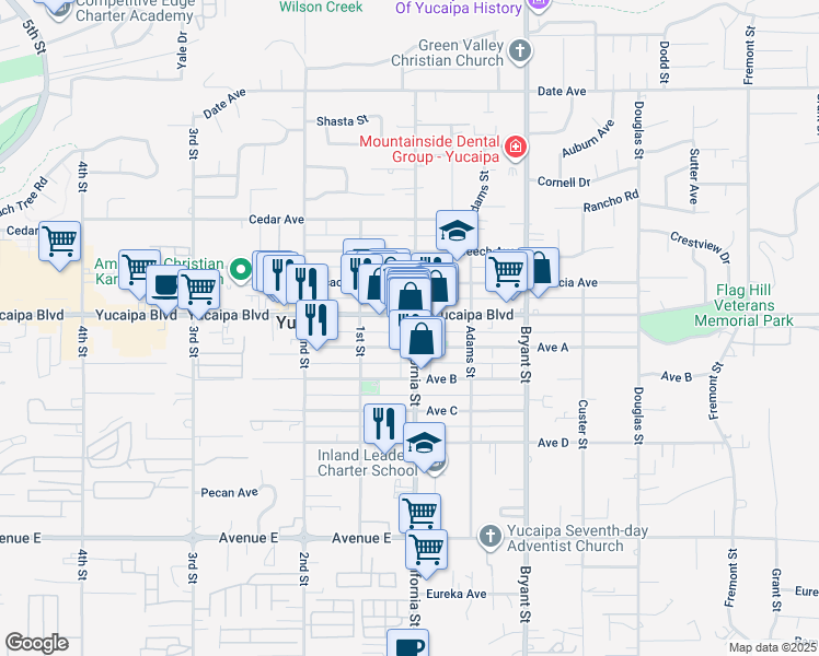 map of restaurants, bars, coffee shops, grocery stores, and more near 12124 California Street in Yucaipa