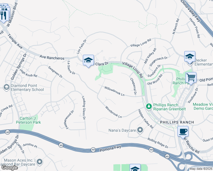 map of restaurants, bars, coffee shops, grocery stores, and more near 45 Willowbrook Lane in Pomona