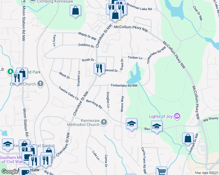 map of restaurants, bars, coffee shops, grocery stores, and more near 3288 Douglas Lane in Kennesaw