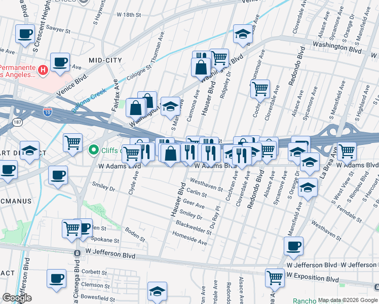 map of restaurants, bars, coffee shops, grocery stores, and more near 2520 Hauser Boulevard in Los Angeles
