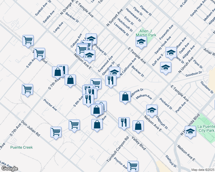 map of restaurants, bars, coffee shops, grocery stores, and more near 241 North California Avenue in La Puente