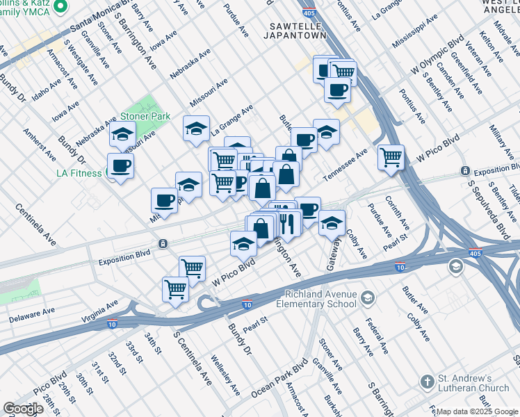 map of restaurants, bars, coffee shops, grocery stores, and more near 2223 South Barrington Avenue in Los Angeles