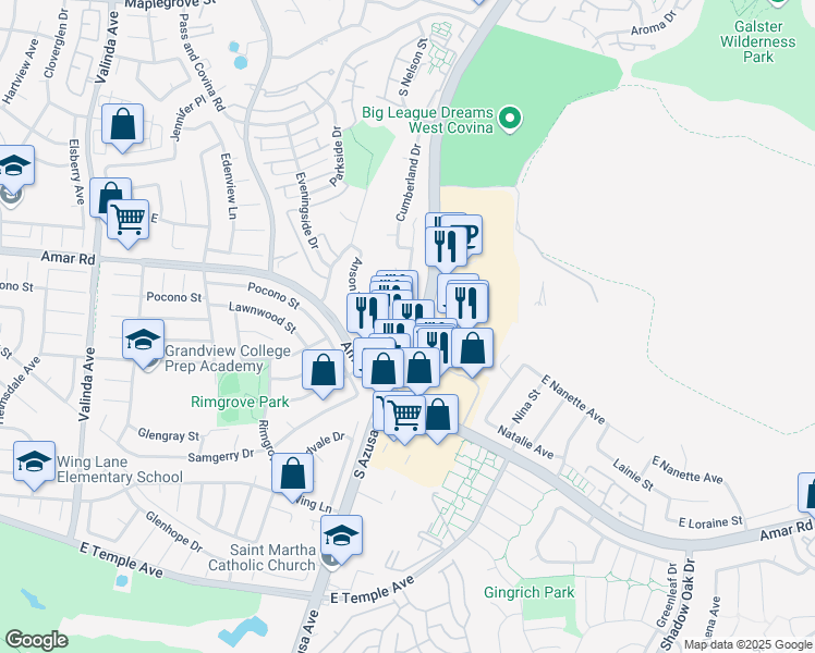 map of restaurants, bars, coffee shops, grocery stores, and more near 2004 South Azusa Avenue in West Covina