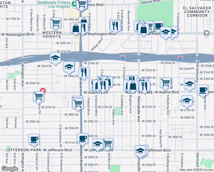 map of restaurants, bars, coffee shops, grocery stores, and more near 1858 West 25th Street in Los Angeles