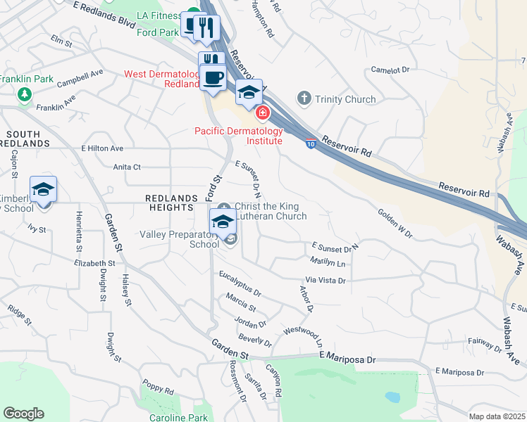 map of restaurants, bars, coffee shops, grocery stores, and more near 0 East Sunset Drive South in Redlands