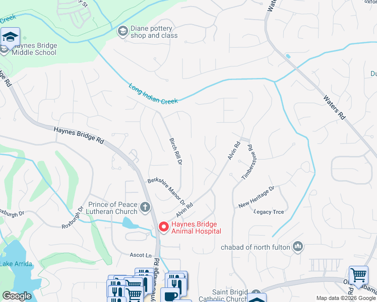 map of restaurants, bars, coffee shops, grocery stores, and more near 10410 Rillridge Court in Alpharetta