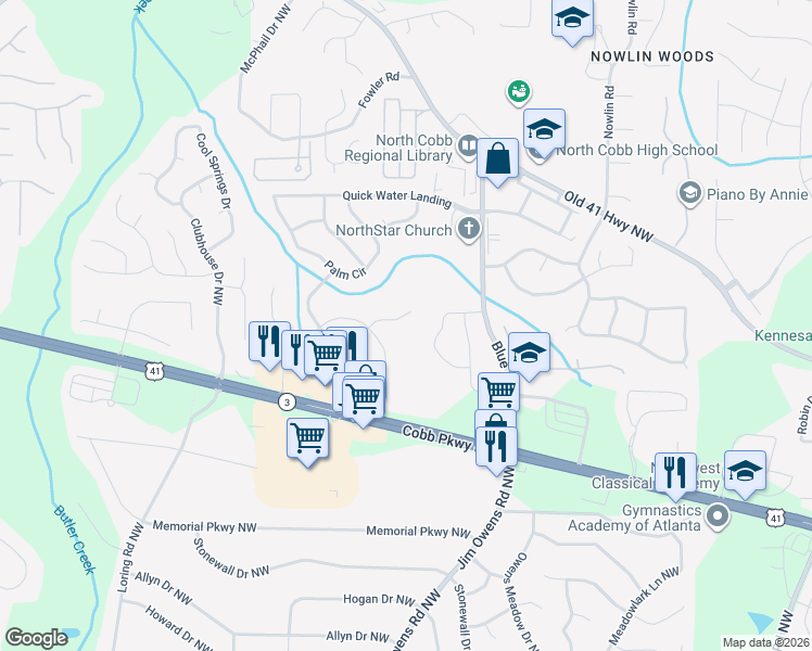 map of restaurants, bars, coffee shops, grocery stores, and more near 3168 Chapel Road Northwest in Kennesaw