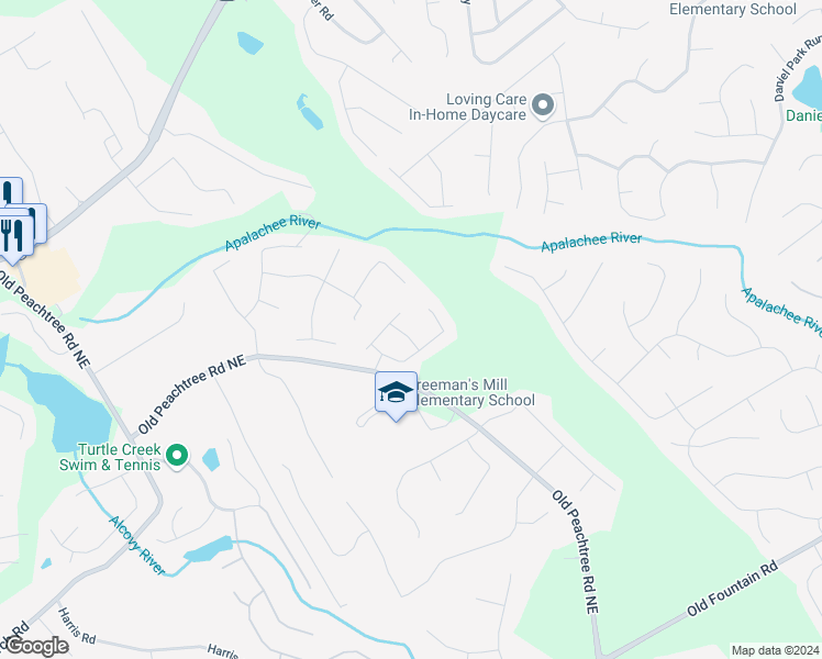 map of restaurants, bars, coffee shops, grocery stores, and more near 1621 Cregon Court in Lawrenceville