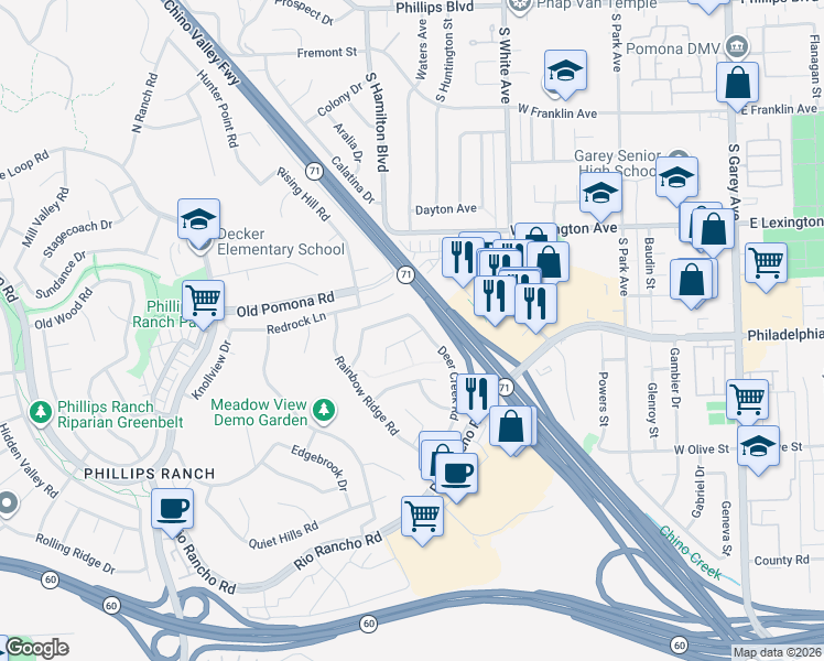 map of restaurants, bars, coffee shops, grocery stores, and more near 3 Navajo Trail Lane in Pomona
