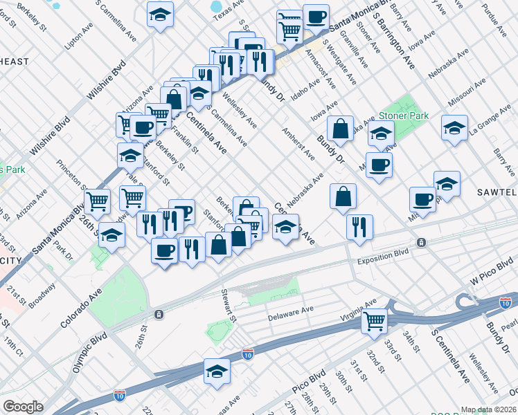 map of restaurants, bars, coffee shops, grocery stores, and more near in Los Angeles County