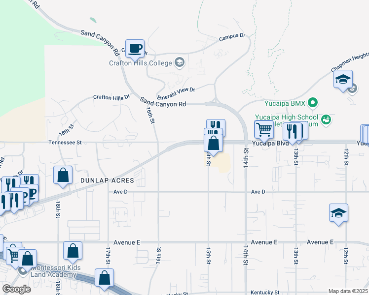 map of restaurants, bars, coffee shops, grocery stores, and more near 32209 Yucaipa Boulevard in Yucaipa