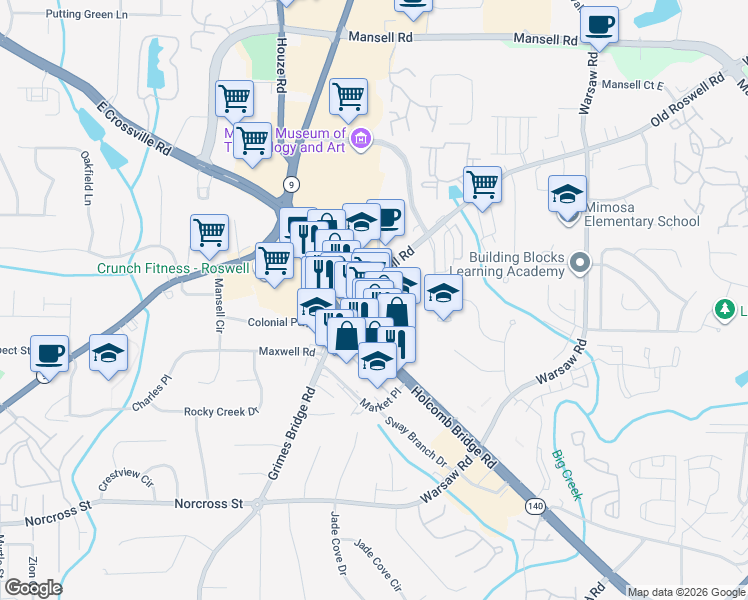 map of restaurants, bars, coffee shops, grocery stores, and more near 690 Holcomb Bridge Road in Roswell