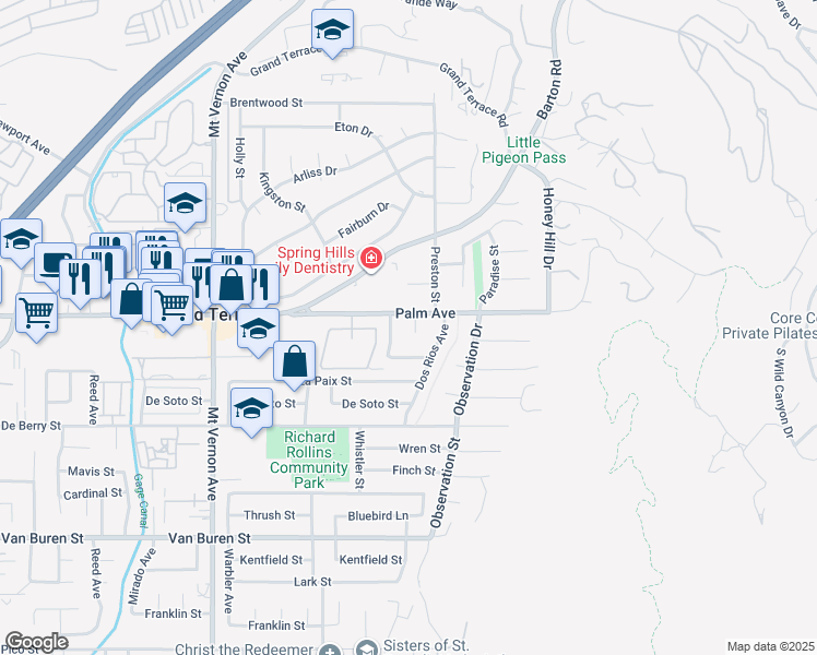 map of restaurants, bars, coffee shops, grocery stores, and more near 12124 Palm Court in Grand Terrace