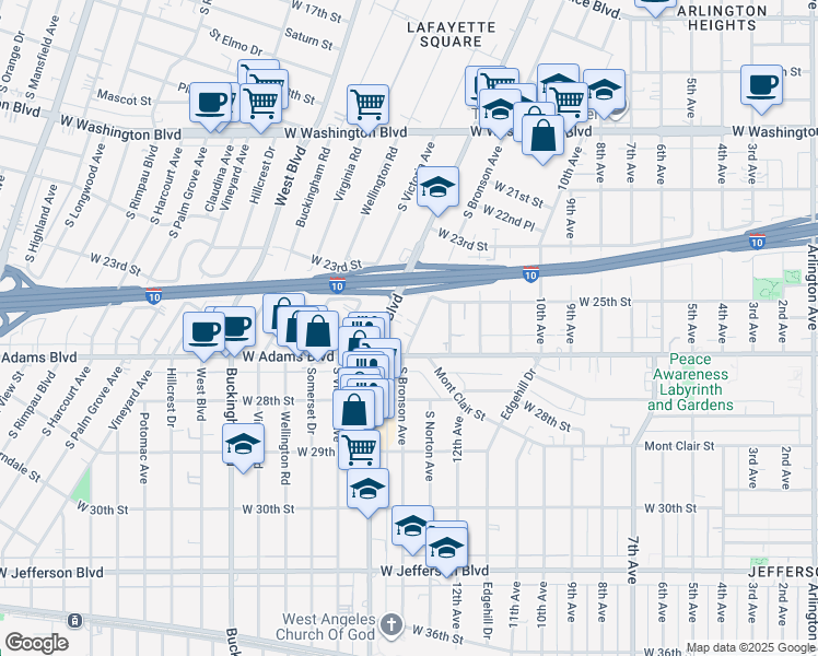 map of restaurants, bars, coffee shops, grocery stores, and more near 2541 South Bronson Avenue in Los Angeles